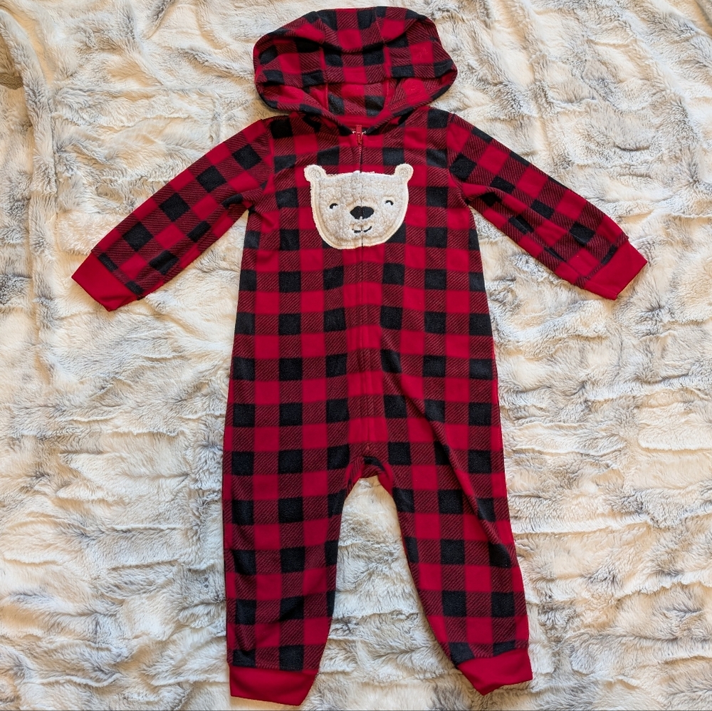 Carter's Fleece Polar Bear Plaid Red Black Hooded Zip Up Pajamas Onesie Holiday